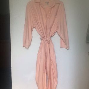 Coral raw silk pantsuit.